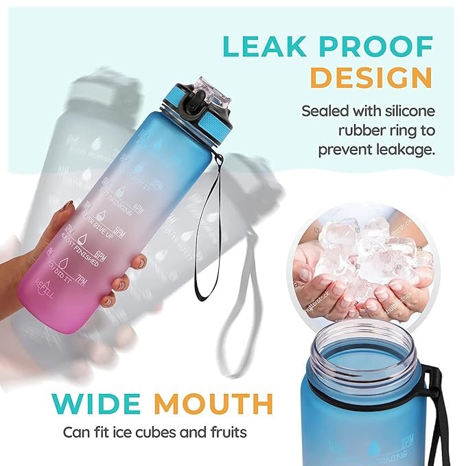Timer Motivational Water Bottle | BPA-Free Leakproof Sports Bottle with Time Marker & Straw | 1L/2L Hydration Tracker for Fitness, Gym, Office & Daily Use