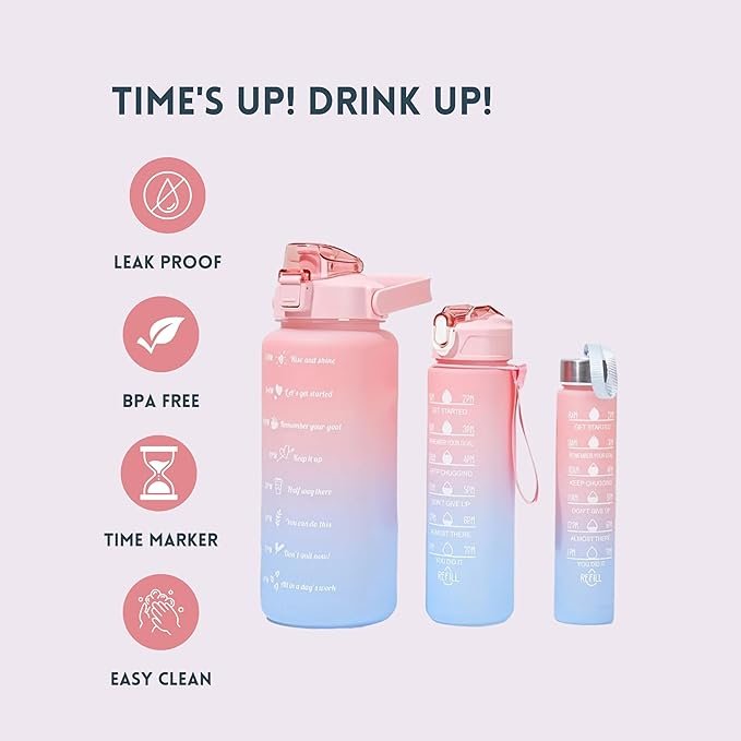 3Pc Motivational Water Bottle Set | Time Marker & Quote BPA-Free Bottles with Straw | Leakproof 1L/2L Hydration Tracker for Gym, Office, Home & Outdoor Use