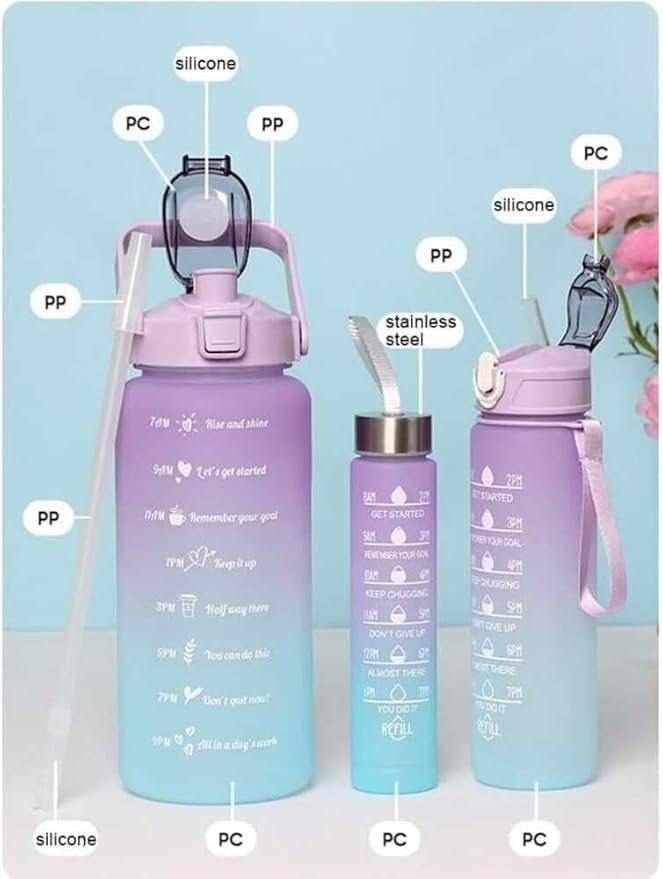 3Pc Motivational Water Bottle Set | Time Marker & Quote BPA-Free Bottles with Straw | Leakproof 1L/2L Hydration Tracker for Gym, Office, Home & Outdoor Use