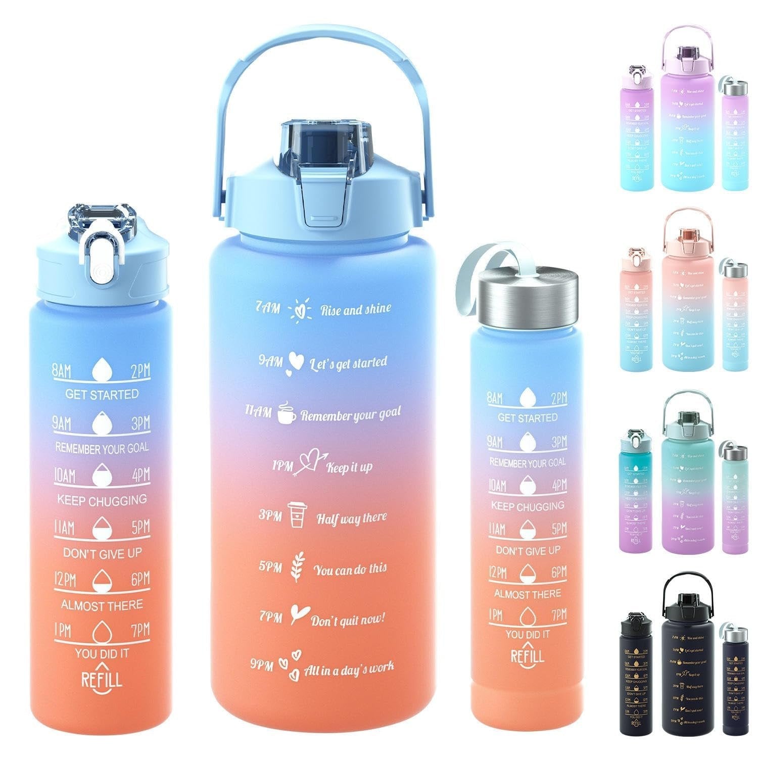 3Pc Motivational Water Bottle Set | Time Marker & Quote BPA-Free Bottles with Straw | Leakproof 1L/2L Hydration Tracker for Gym, Office, Home & Outdoor Use