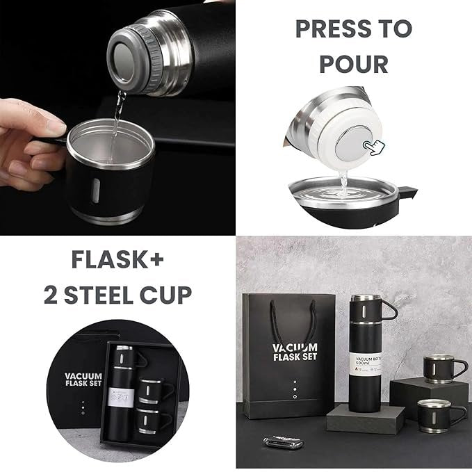 Vacuum Flask Set | Stainless Steel Thermos Bottle with 2 Cups & Insulated Carry Case | Hot & Cold Flask for Travel, Office, Picnic & Outdoor Use