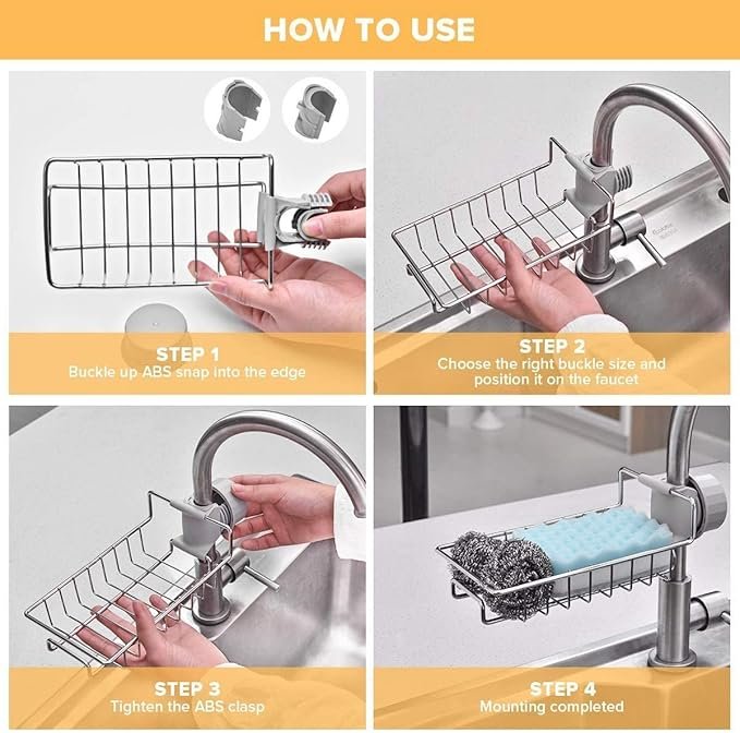 Kitchen Sink Storage Organizer Drainer Caddy SS | Stainless Steel Sink Caddy for Sponge, Brush & Soap Holder | Rust-Resistant Countertop Organizer
