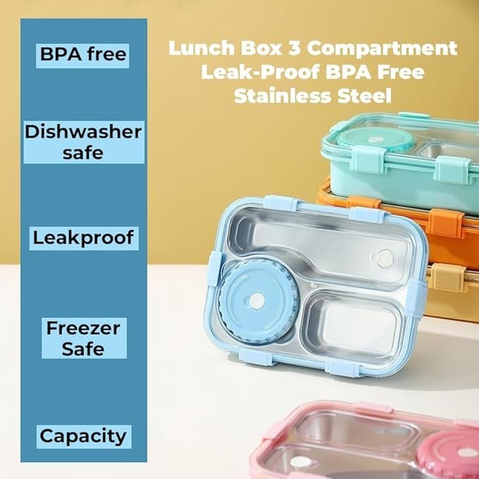 3 Compartment Lunch Box | Leak-Proof Bento Box with Separate Sections | Durable Food Storage Container for Kids & Adults