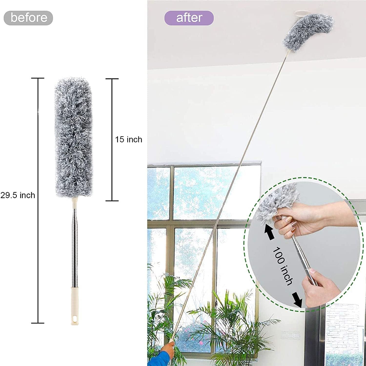 Grey Fan Duster ? Extendable Microfiber Ceiling Fan Cleaner with Telescopic Handle ? Bendable & Washable Duster for High Ceiling, Blinds, and Corners