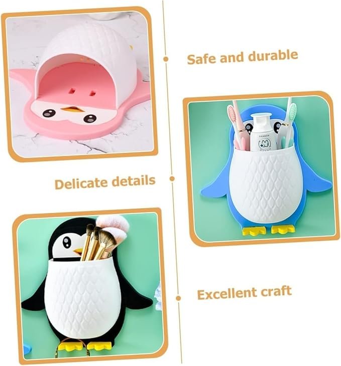 Penguin Design Toothpaste Holder ? Cute Cartoon Toothpaste Dispenser & Stand for Kids ? Wall Mount Bathroom Organizer for Toothpaste & Brushes