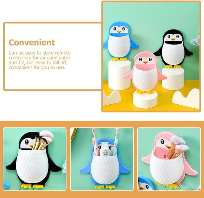 Penguin Design Toothpaste Holder ? Cute Cartoon Toothpaste Dispenser & Stand for Kids ? Wall Mount Bathroom Organizer for Toothpaste & Brushes