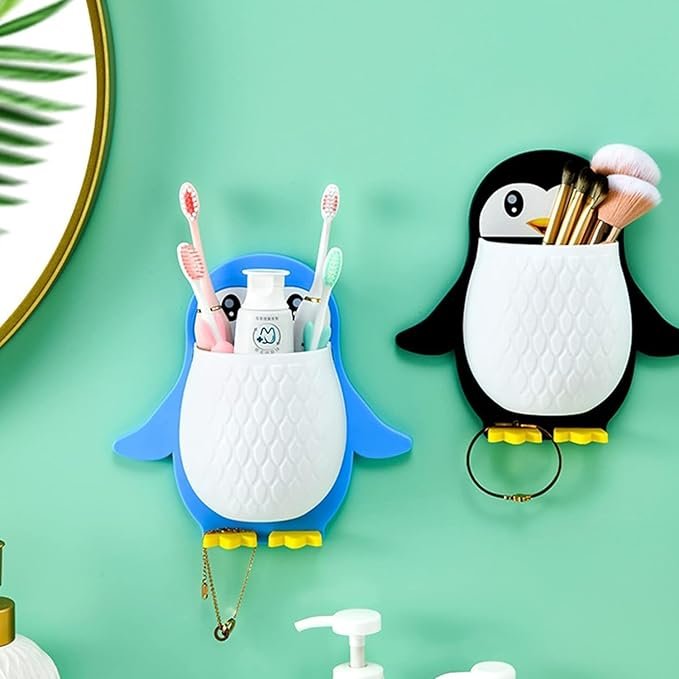 Penguin Design Toothpaste Holder ? Cute Cartoon Toothpaste Dispenser & Stand for Kids ? Wall Mount Bathroom Organizer for Toothpaste & Brushes