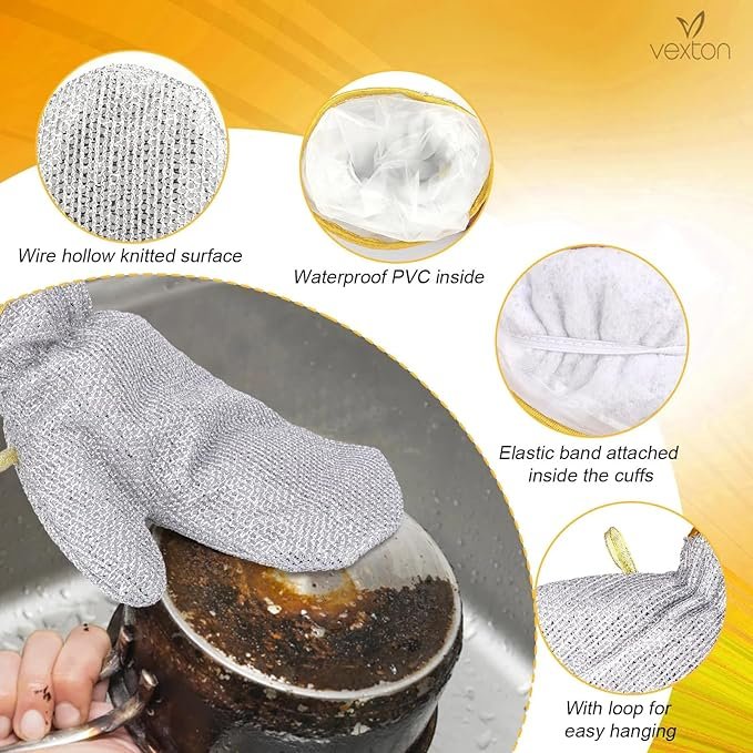 Reusable Wire Dishwashing Gloves ? Heavy-Duty Scrub Gloves with Built-in Steel Wire Scrubber ? Heat Resistant Cleaning Gloves for Kitchen, Utensils & Tough Stains