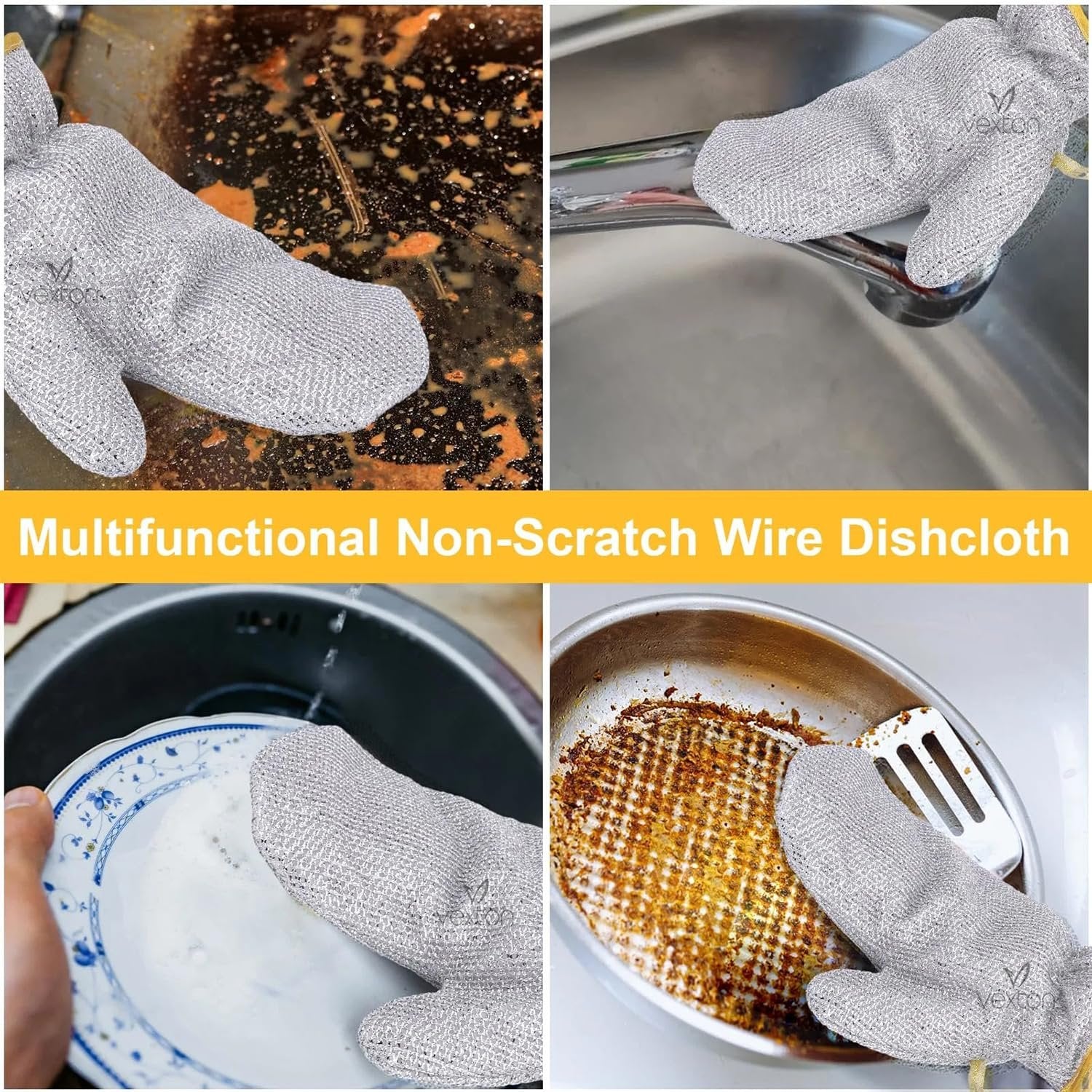 Reusable Wire Dishwashing Gloves ? Heavy-Duty Scrub Gloves with Built-in Steel Wire Scrubber ? Heat Resistant Cleaning Gloves for Kitchen, Utensils & Tough Stains