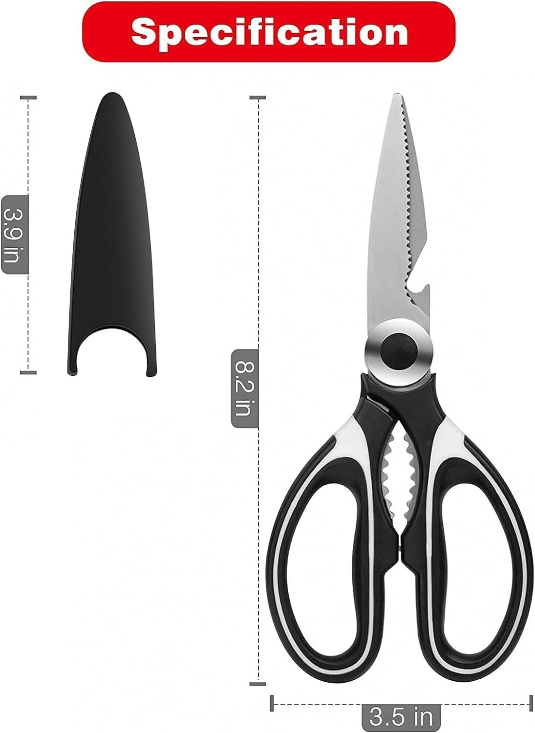 Multi-Purpose Kitchen Scissors ? Heavy-Duty Food Scissors for Meat, Poultry, Herbs, and Vegetables, Stainless Steel Blades with Soft Grip Handle & Built-in Bottle Opener