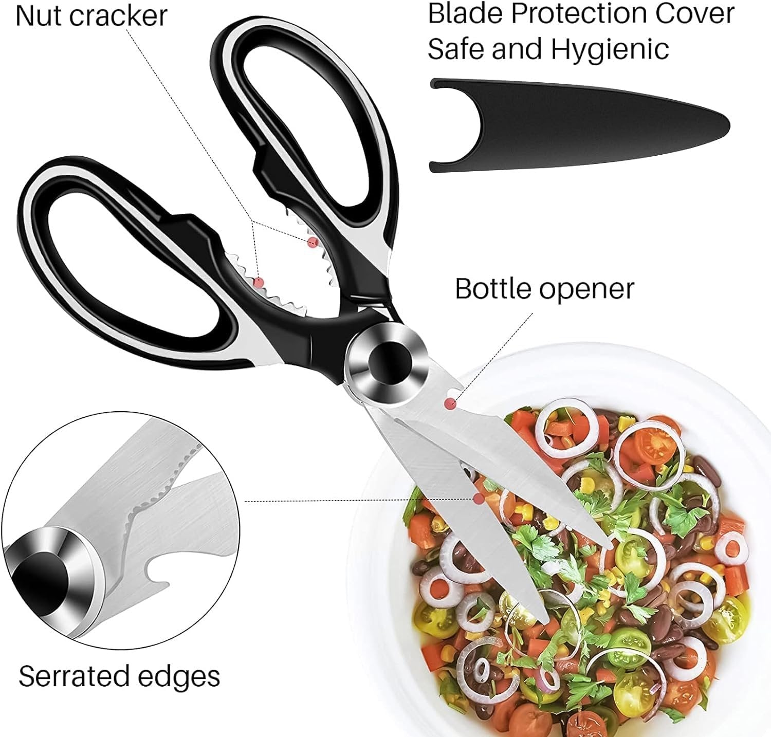 Multi-Purpose Kitchen Scissors ? Heavy-Duty Food Scissors for Meat, Poultry, Herbs, and Vegetables, Stainless Steel Blades with Soft Grip Handle & Built-in Bottle Opener