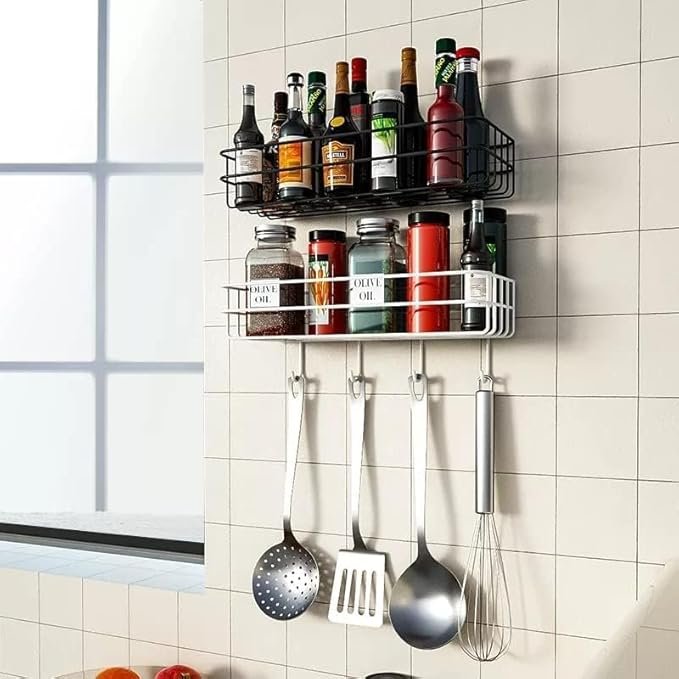 4 Hook Metal Wall Shelf ? Heavy-Duty Wall-Mounted Storage Rack with Hooks for Keys, Towels, Utensils & Accessories, Space-Saving Organizer for Kitchen, Bathroom & Entryway