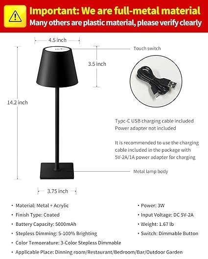 Cordless Table Lamp ? Rechargeable LED Desk Lamp with Touch Control & Dimmable Brightness, Portable Night Light for Bedroom, Study & Outdoor Use