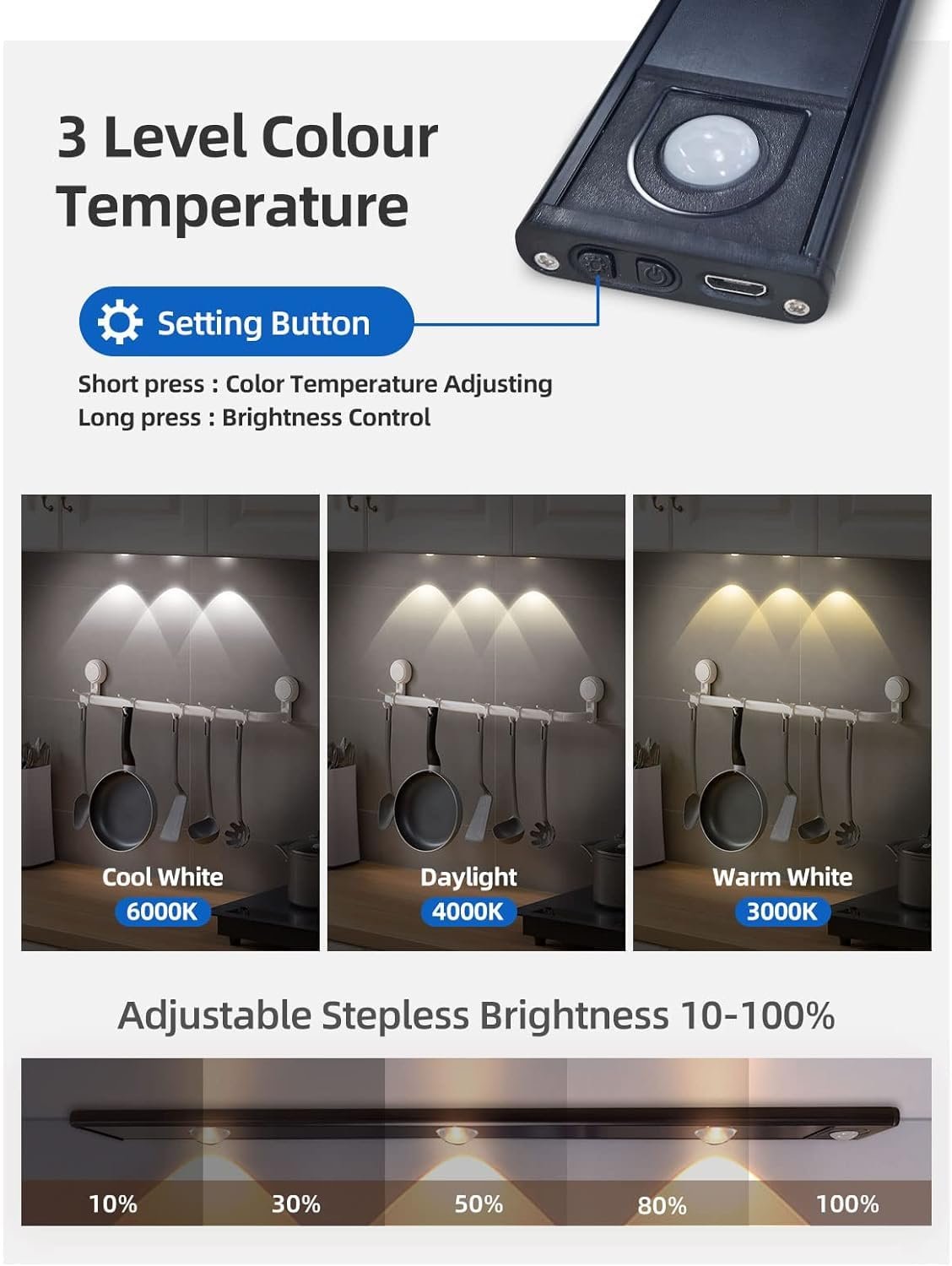 LED Cabinet Light ? Motion Sensor Rechargeable Under Cabinet Lighting, Wireless Stick-On Closet Light with Adjustable Brightness for Kitchen, Wardrobe & Stairs