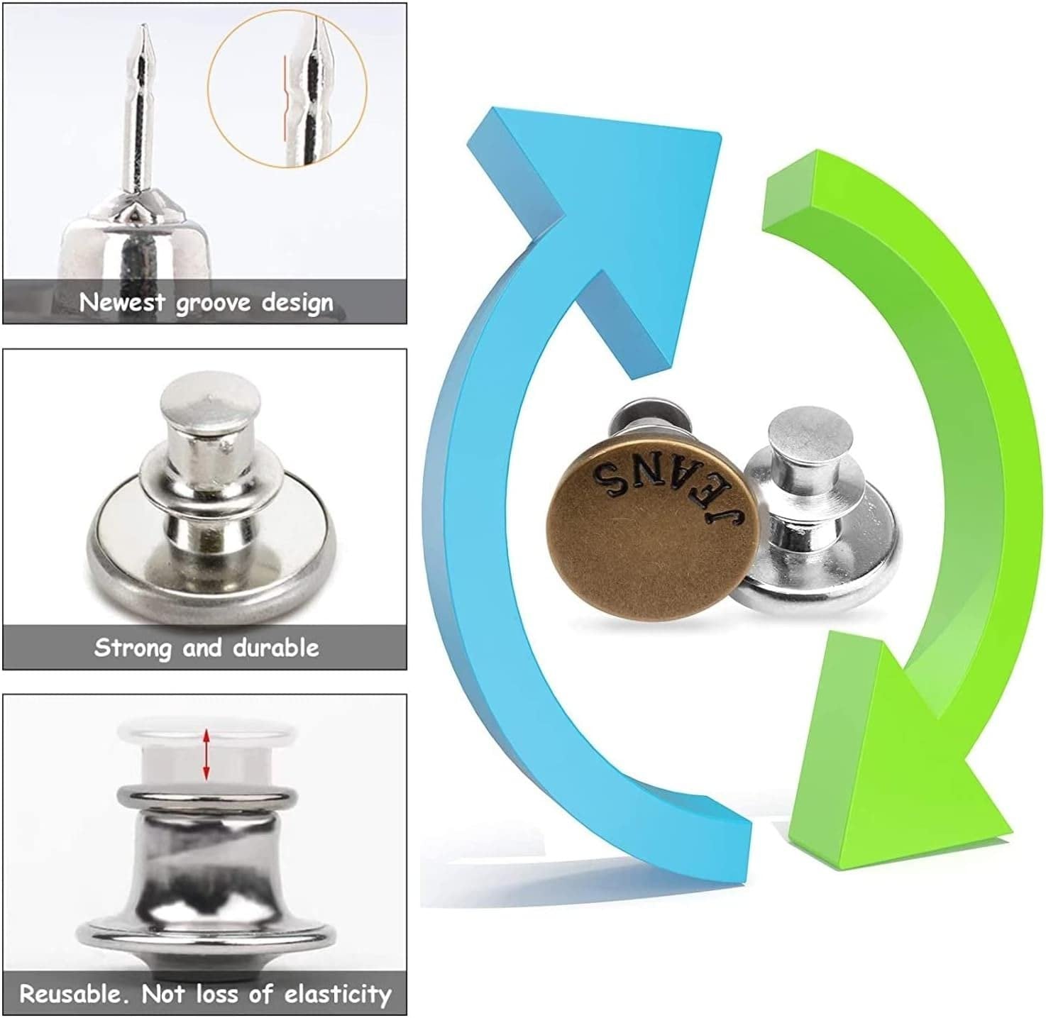 Detachable Jeans Button ? No-Sew Adjustable Waist Extender Snap Button for Pants, Skirts & Jeans, Reusable Metal Replacement Button (Pack of 4)