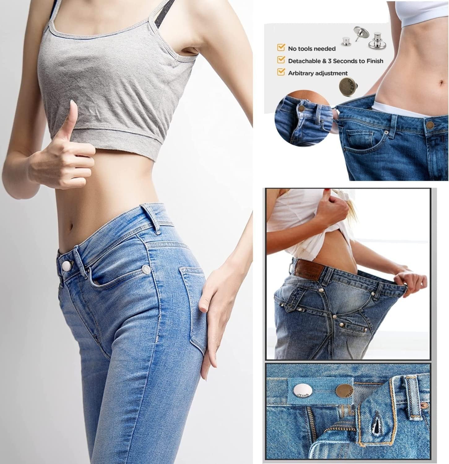 Detachable Jeans Button ? No-Sew Adjustable Waist Extender Snap Button for Pants, Skirts & Jeans, Reusable Metal Replacement Button (Pack of 4)