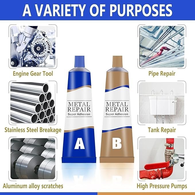 AB Metal Repair Glue 50 g + 50 g ? Industrial Strength 2-Part Epoxy Adhesive for Metal, Ceramic, Wood, Plastic & More | Fast-Setting, Waterproof & Heat-Resistant