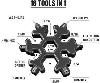 18-in-1 Snowflake Multi-Functional Tool | Stainless Steel Pocket Tool for Screwdriver, Bottle Opener, Wrench & Outdoor Gear | EDC Tool for Camping, Hiking & Travel