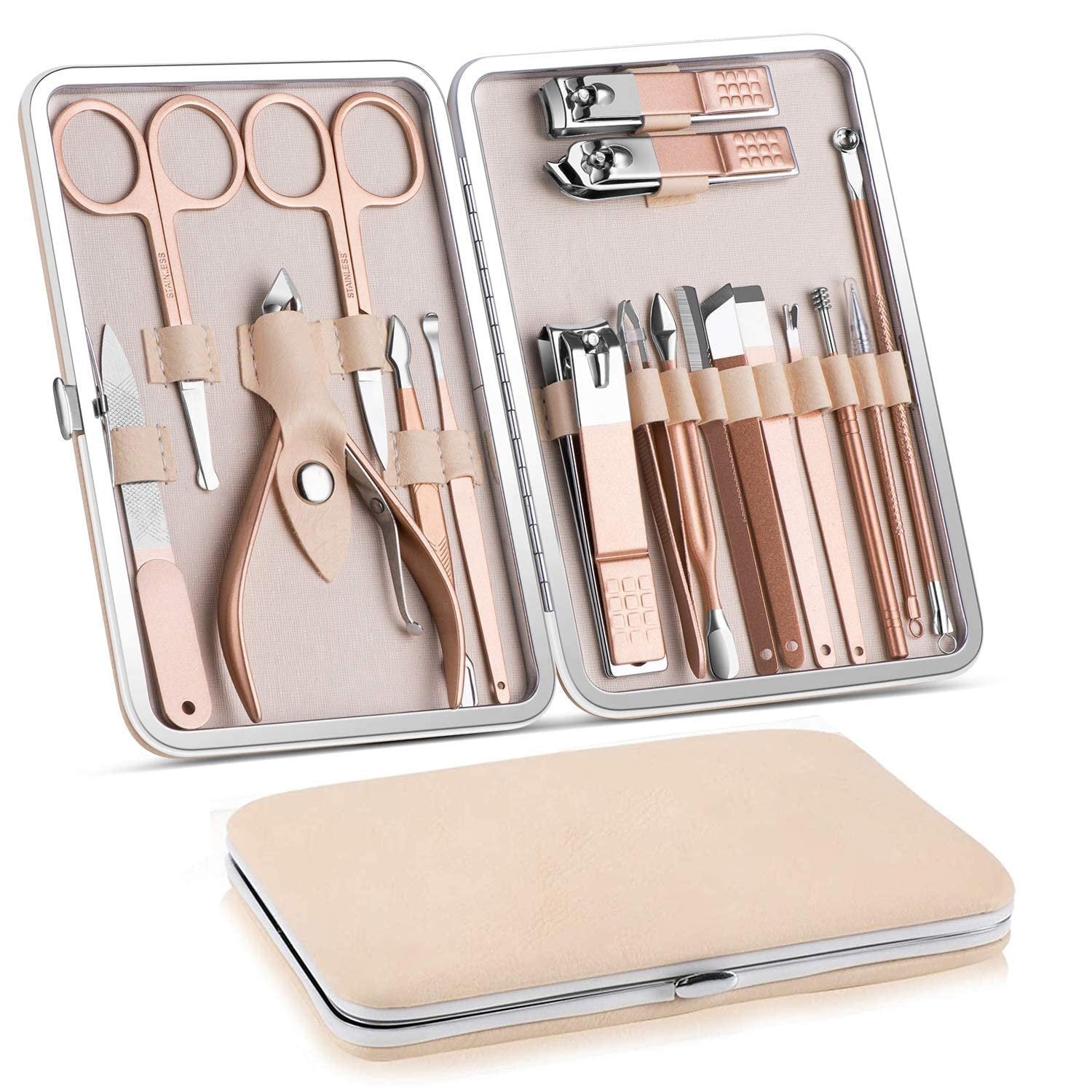 18 PCS Manicure Kit ? Professional Stainless Steel Nail Clippers Set with Grooming Tools for Manicure, Pedicure, Eyebrow, Ear & Facial Care, Portable Travel Case for Men & Women