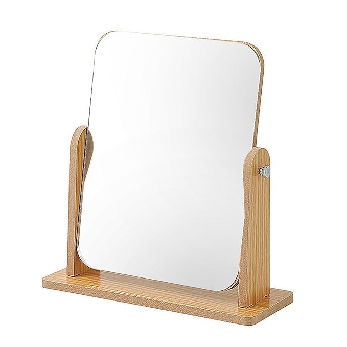 Wooden Desk Square Makeup Mirror ? Large Size Vanity Mirror with Rotating Stand, Modern Tabletop Mirror for Dressing Table, Bedroom & Bathroom (L Size)