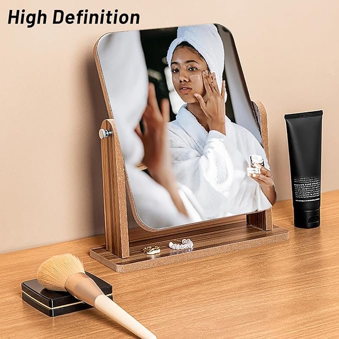 Wooden Desk Square Makeup Mirror ? Large Size Vanity Mirror with Rotating Stand, Modern Tabletop Mirror for Dressing Table, Bedroom & Bathroom (L Size)