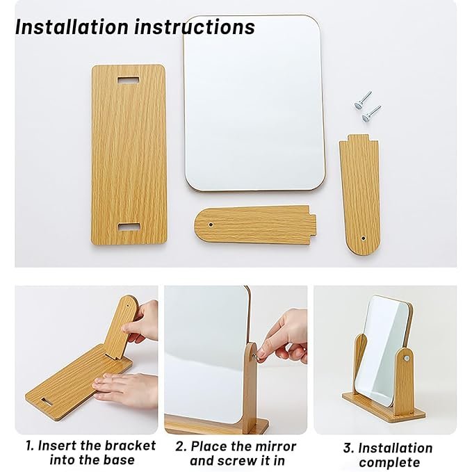 Wooden Desk Square Makeup Mirror ? Large Size Vanity Mirror with Rotating Stand, Modern Tabletop Mirror for Dressing Table, Bedroom & Bathroom (L Size)