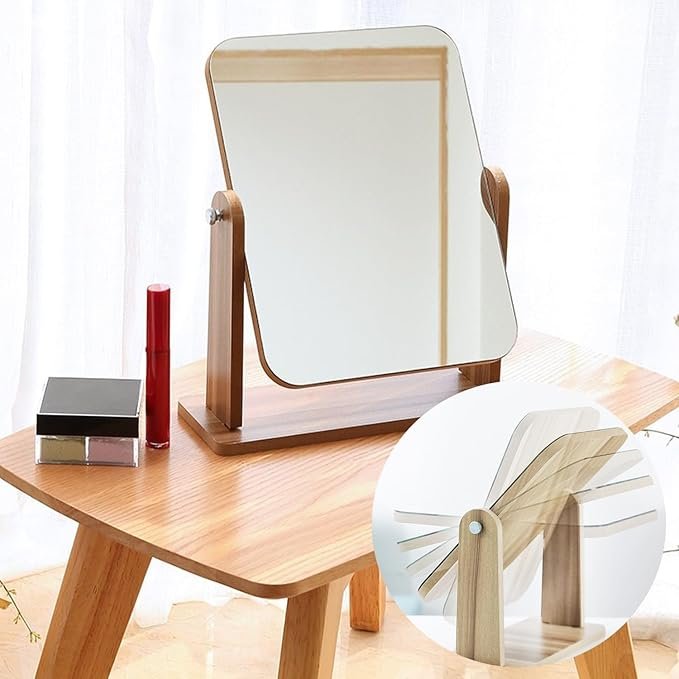 Wooden Desk Square Makeup Mirror ? Large Size Vanity Mirror with Rotating Stand, Modern Tabletop Mirror for Dressing Table, Bedroom & Bathroom (L Size)