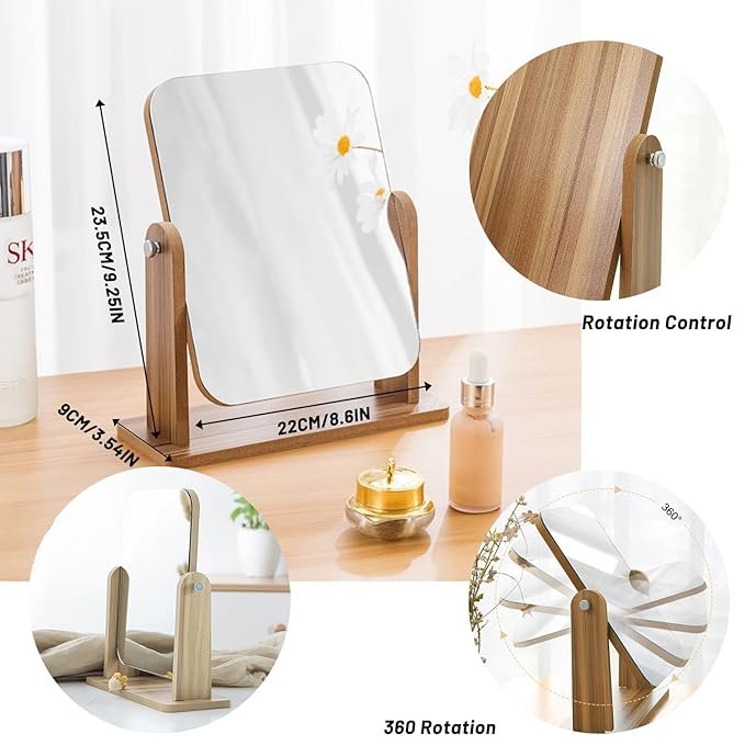 Wooden Desk Square Makeup Mirror ? Large Size Vanity Mirror with Rotating Stand, Modern Tabletop Mirror for Dressing Table, Bedroom & Bathroom (L Size)