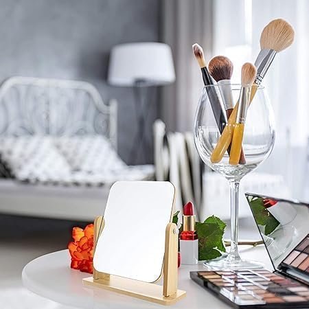 Wooden Desk Square Makeup Mirror ? Large Size Vanity Mirror with Rotating Stand, Modern Tabletop Mirror for Dressing Table, Bedroom & Bathroom (L Size)