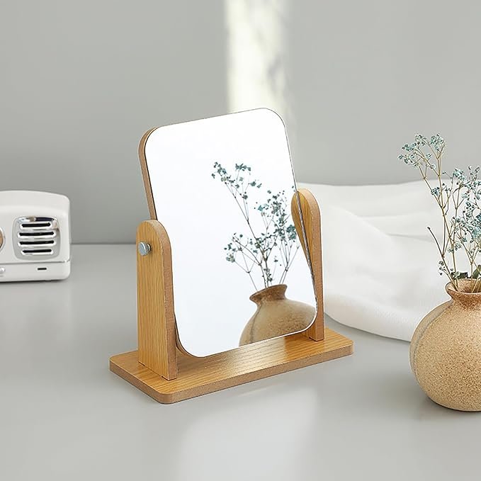 Wooden Desk Square Makeup Mirror ? Large Size Vanity Mirror with Rotating Stand, Modern Tabletop Mirror for Dressing Table, Bedroom & Bathroom (L Size)