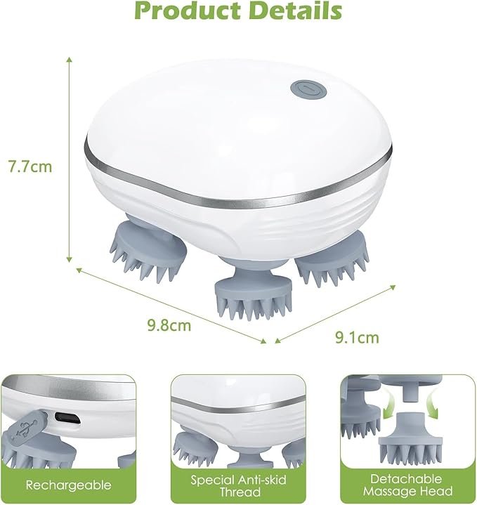 Electric Scalp Massager ? Rechargeable Head Massager with 4 Massage Nodes, Waterproof & Cordless, Promotes Hair Growth, Relieves Stress & Improves Blood Circulation