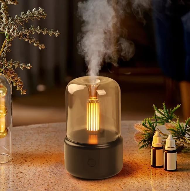 Candlelight Humidifier ? Flame Effect Cool Mist Aroma Diffuser with LED Light, USB Rechargeable Mini Air Humidifier for Bedroom, Office & Home D?cor