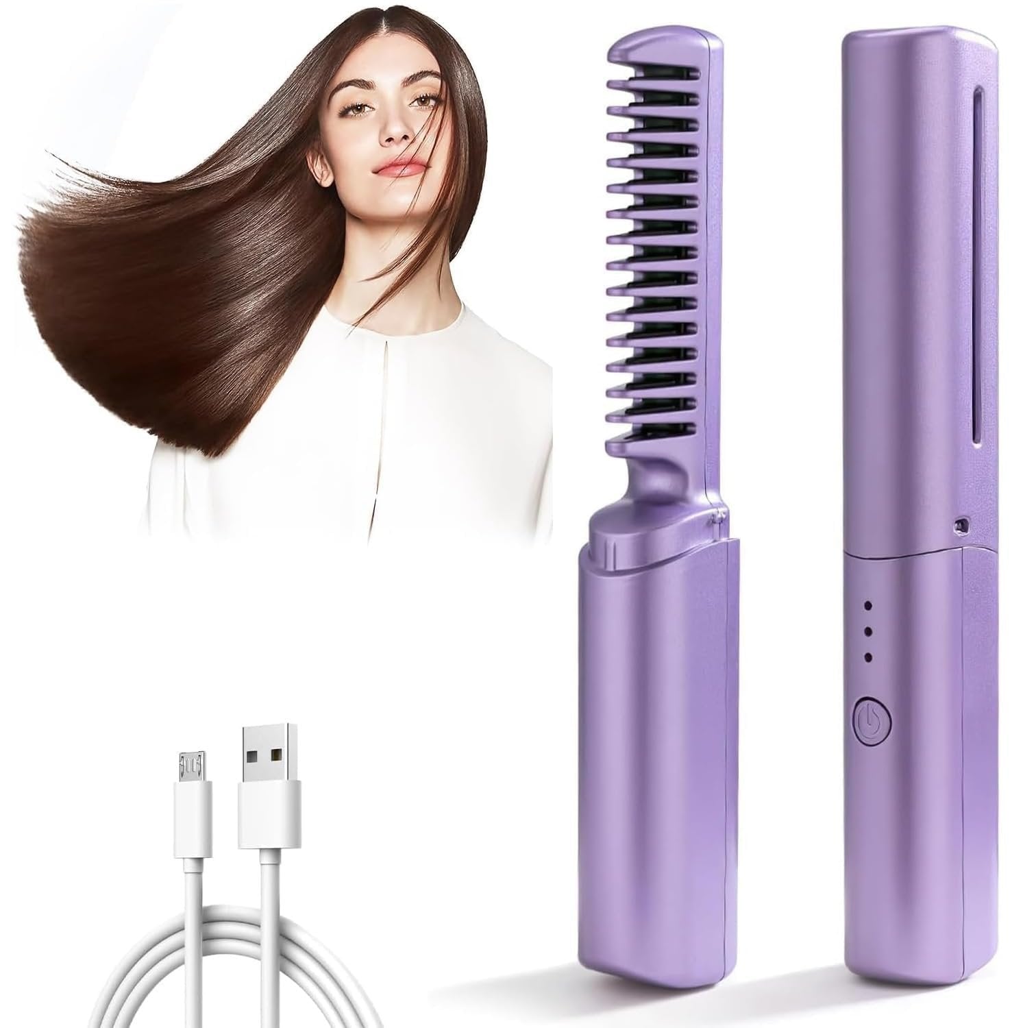 Rechargeable Mini Hair Straightener Comb ? Portable Cordless Hair Styling Brush for Women & Men | USB Charging, Anti-Scald Design, Travel-Friendly Compact Straightener