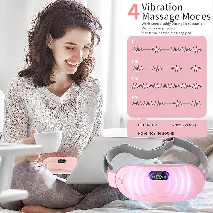 Period Pain Relief Device ? Rechargeable Menstrual Cramp Relief Belt with Heat & Vibration | Portable, Adjustable & USB Powered for Women