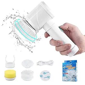 5 in 1 Electric Magic Cleaning Brush ? USB Rechargeable Multi-Functional Scrubber for Kitchen, Bathroom, Tiles, Shoes & More | Cordless Spin Brush with 5 Replaceable Heads
