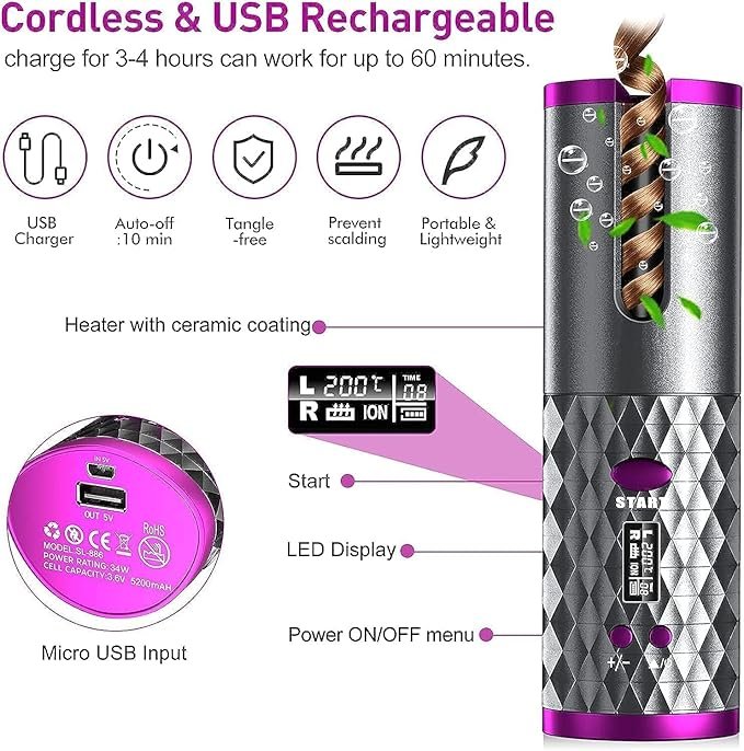 Cordless Hair Curler | Rechargeable Automatic Curling Iron with LCD Display | Portable Ceramic Curling Wand for Travel, Salon-Style Curls Anytime Anywhere
