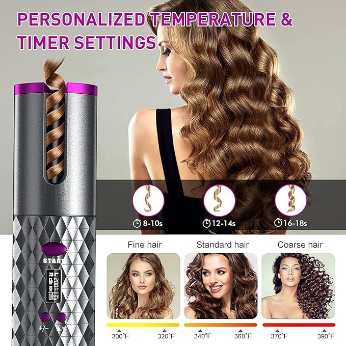 Cordless Hair Curler | Rechargeable Automatic Curling Iron with LCD Display | Portable Ceramic Curling Wand for Travel, Salon-Style Curls Anytime Anywhere