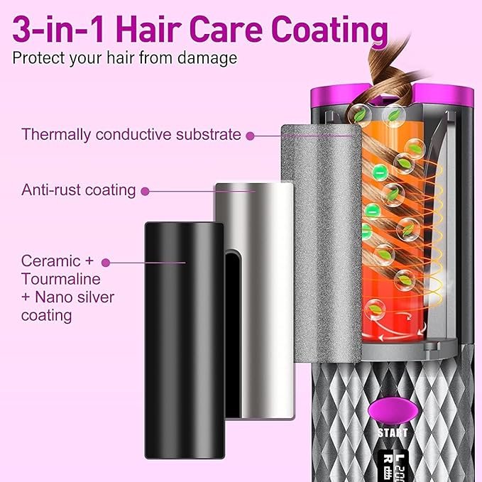 Cordless Hair Curler | Rechargeable Automatic Curling Iron with LCD Display | Portable Ceramic Curling Wand for Travel, Salon-Style Curls Anytime Anywhere