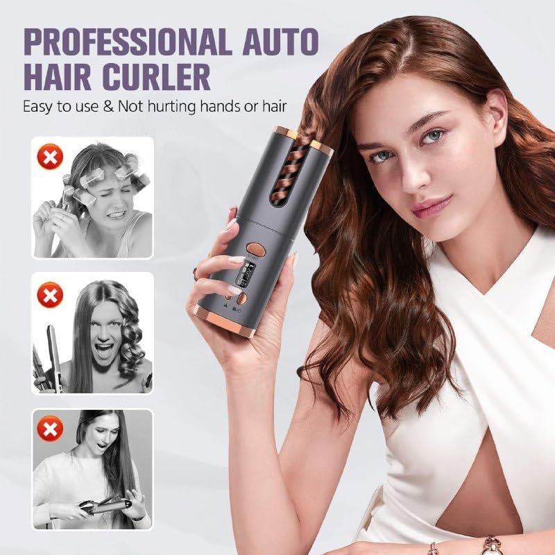 Cordless Hair Curler | Rechargeable Automatic Curling Iron with LCD Display | Portable Ceramic Curling Wand for Travel, Salon-Style Curls Anytime Anywhere