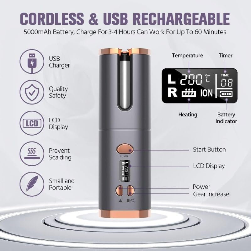 Cordless Hair Curler | Rechargeable Automatic Curling Iron with LCD Display | Portable Ceramic Curling Wand for Travel, Salon-Style Curls Anytime Anywhere
