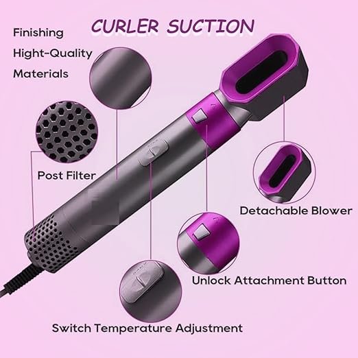 5 In 1 Hot Air Styler | Multifunctional Hair Dryer & Styler with Curling, Straightening & Volumizing Attachments | Fast Heat & Ionic Technology