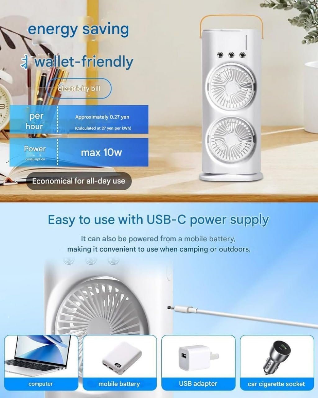 Double End Air Cooler Mist Fan ? Portable USB Rechargeable Dual Head Fan with Water Spray, 3-Speed Cooling & Humidifying Function for Home, Office & Outdoor Use