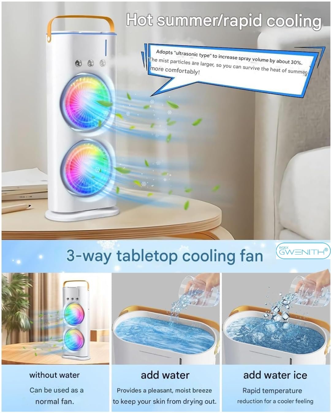 Double End Air Cooler Mist Fan ? Portable USB Rechargeable Dual Head Fan with Water Spray, 3-Speed Cooling & Humidifying Function for Home, Office & Outdoor Use