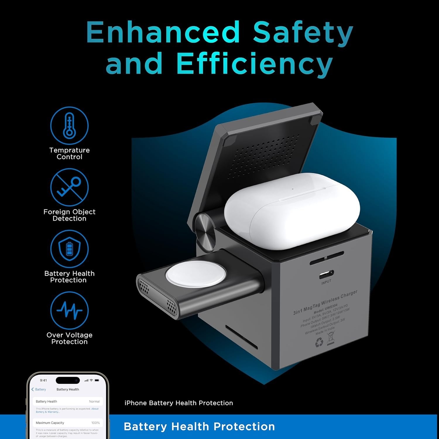 3-in-1 Portable Foldable Wireless Charger ? Fast Charging Station for iPhone, Apple Watch & AirPods, Magnetic Travel Wireless Charging Pad with USB-C Cable