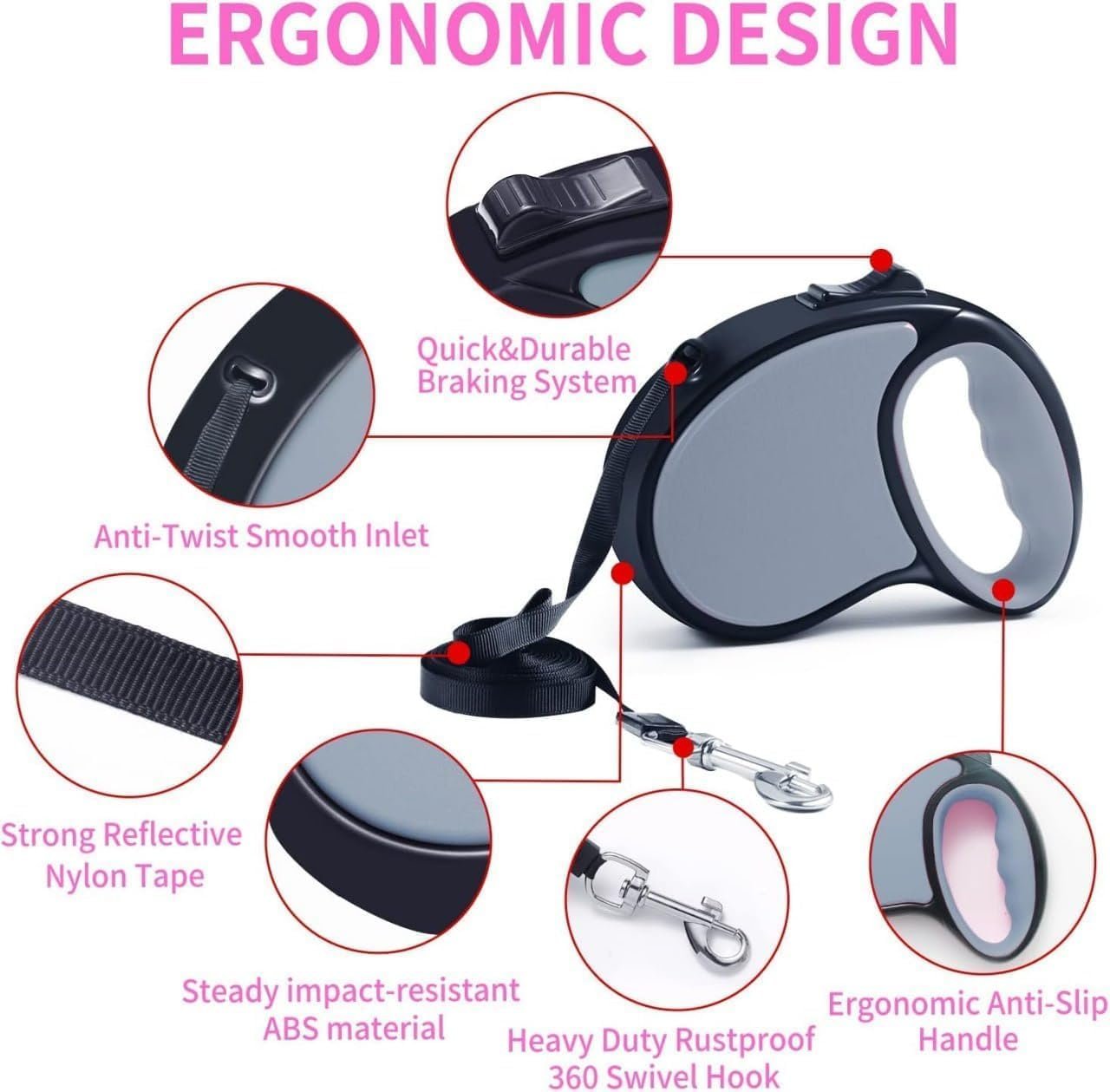 Retractable Pet Leash ? 5 Meter Tangle-Free Dog Leash with One-Hand Lock Button, Strong Nylon Tape & Comfortable Grip for Small to Medium Dogs