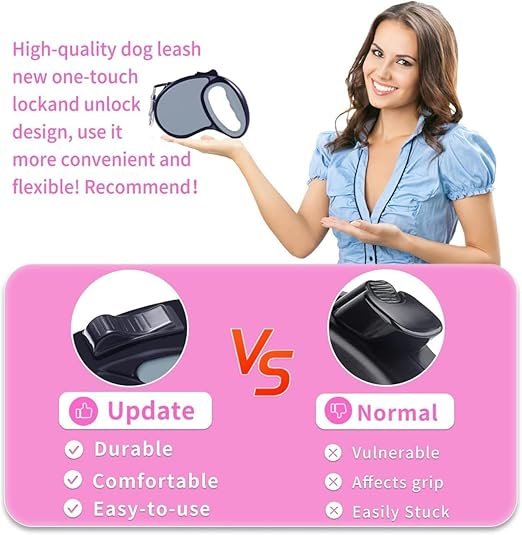 Retractable Pet Leash ? 5 Meter Tangle-Free Dog Leash with One-Hand Lock Button, Strong Nylon Tape & Comfortable Grip for Small to Medium Dogs