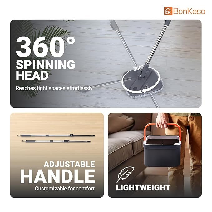 Spin Mop and Bucket Set ? 360? Rotating Microfiber Mop with Easy Self-Wringing System, Stainless Steel Handle & Wheels, Floor Cleaning Mop for Home & Kitchen
