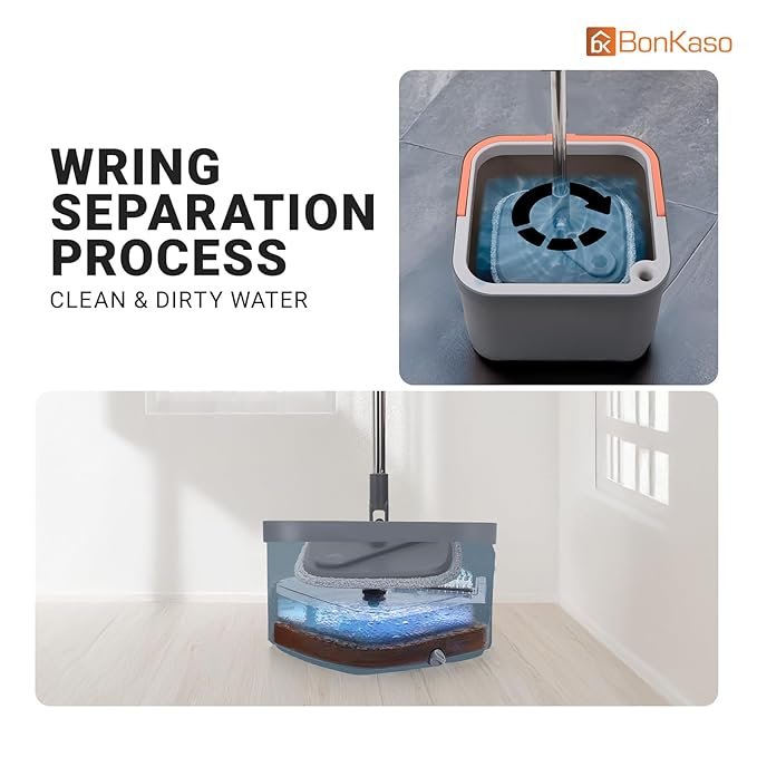 Spin Mop and Bucket Set ? 360? Rotating Microfiber Mop with Easy Self-Wringing System, Stainless Steel Handle & Wheels, Floor Cleaning Mop for Home & Kitchen