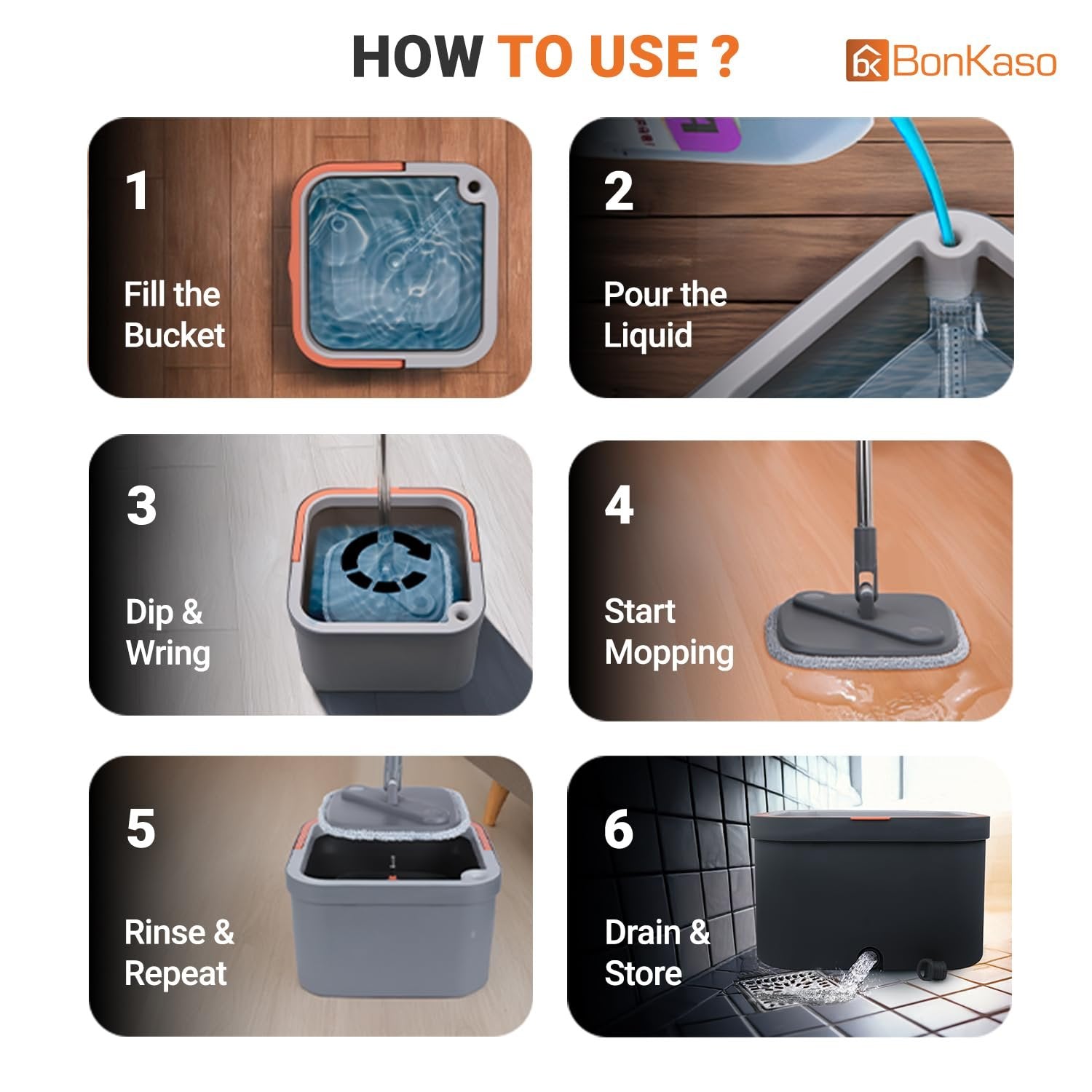 Spin Mop and Bucket Set ? 360? Rotating Microfiber Mop with Easy Self-Wringing System, Stainless Steel Handle & Wheels, Floor Cleaning Mop for Home & Kitchen