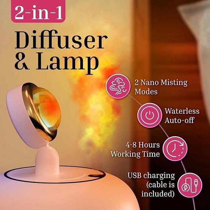 Sunset Light Humidifier ? 2-in-1 LED Night Light & Cool Mist Aroma Diffuser, USB Rechargeable Air Humidifier for Bedroom, Office & Home Decor